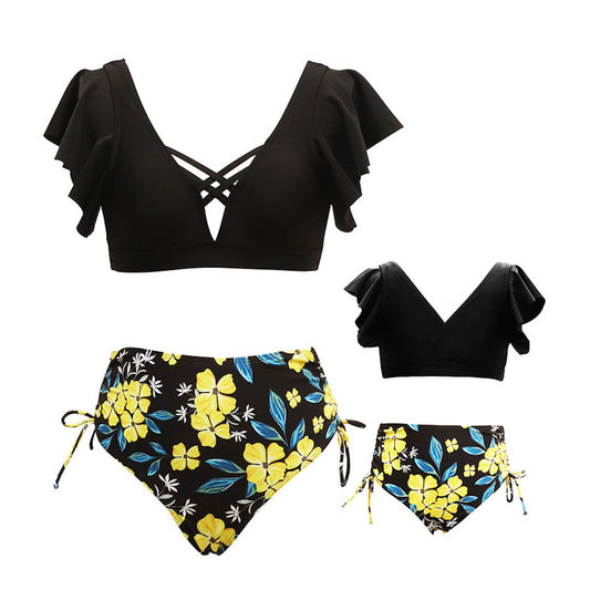 Black bikini top with ruffled sleeves and floral-patterned bottom Mommy and Me Matching Bikini Set - ChildAngle