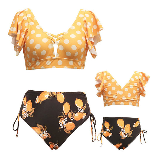 Yellow polka dot bikini top and black floral bikini bottom Mommy and Me Matching Bikini Set - ChildAngle