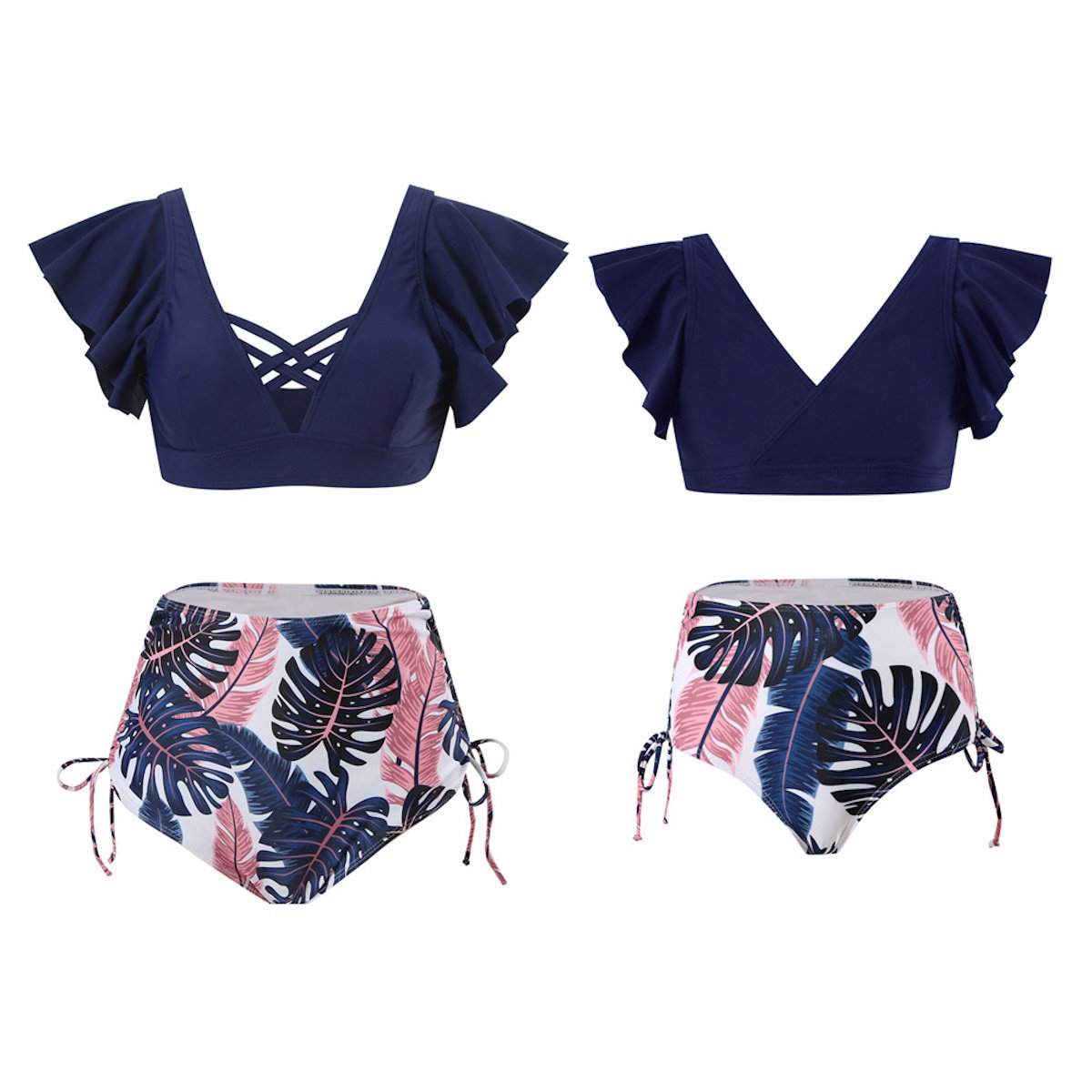 Navy blue bikini top with ruffled straps and tropical leaf patterned bottomsMommy and Me Matching Bikini Set - ChildAngle