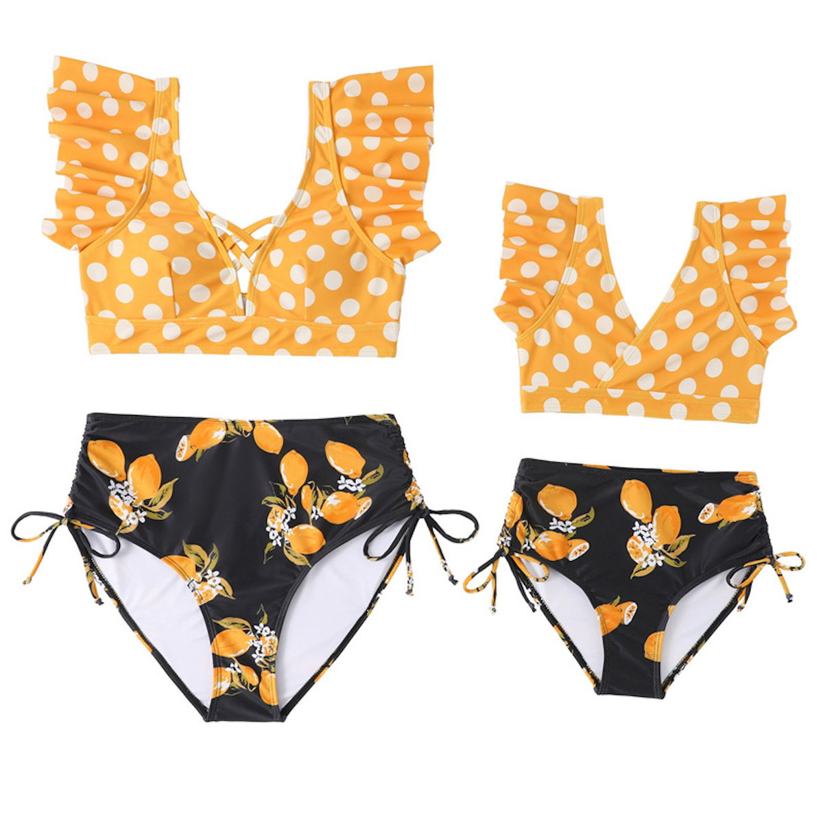 Two-piece swimsuit with polka dot top and floral black bottom Mommy and Me Matching Bikini Set - ChildAngle