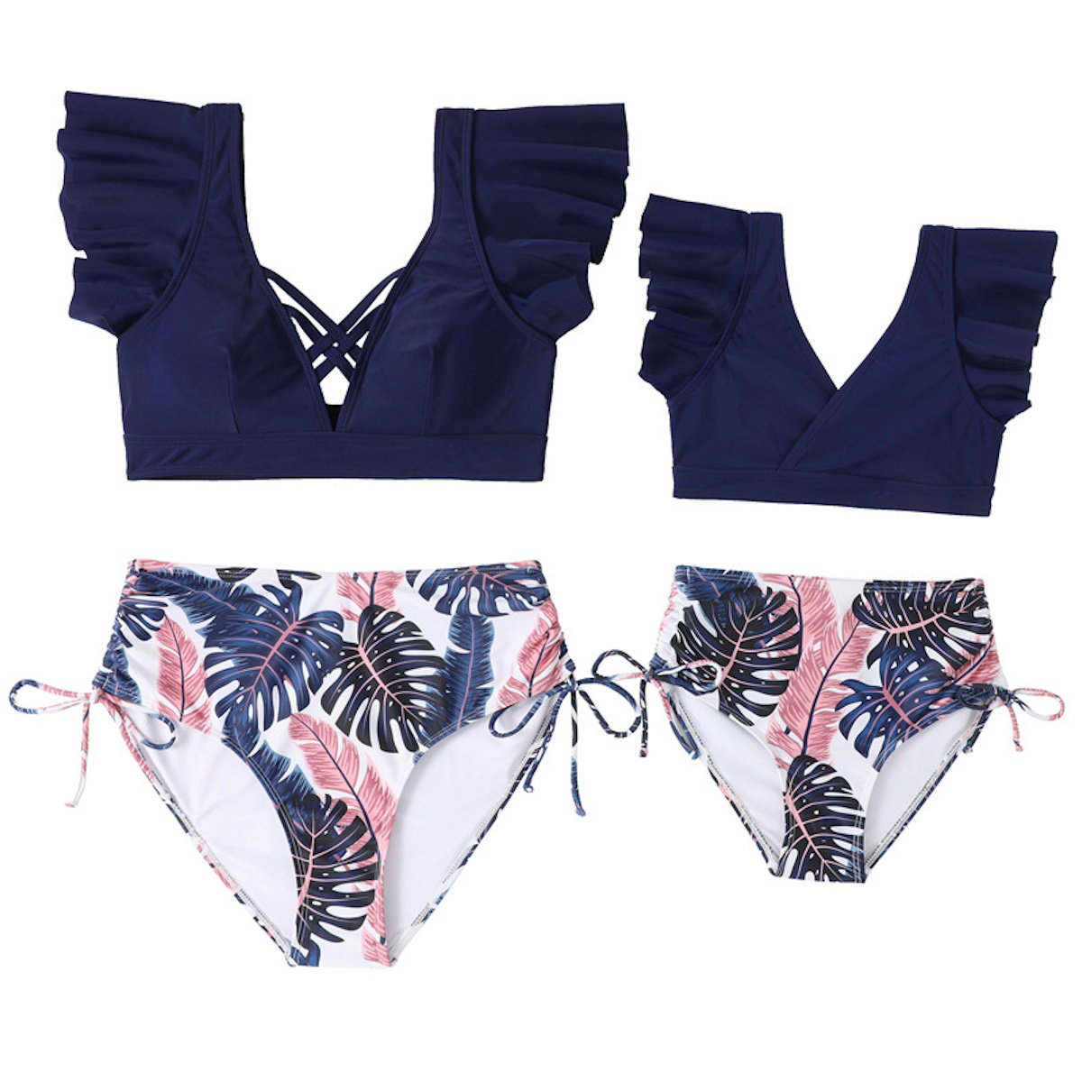 Navy blue bikini top with ruffled straps and tropical leaf patterned bottoms Mommy and Me Matching Bikini Set - ChildAngle