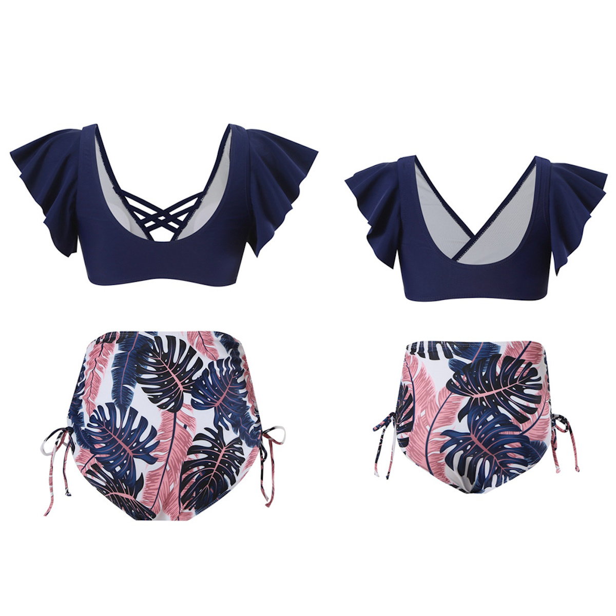 Navy blue bikini top with ruffled sleeves and tropical leaf patterned bottoms Mommy and Me Matching Bikini Set - ChildAngle
