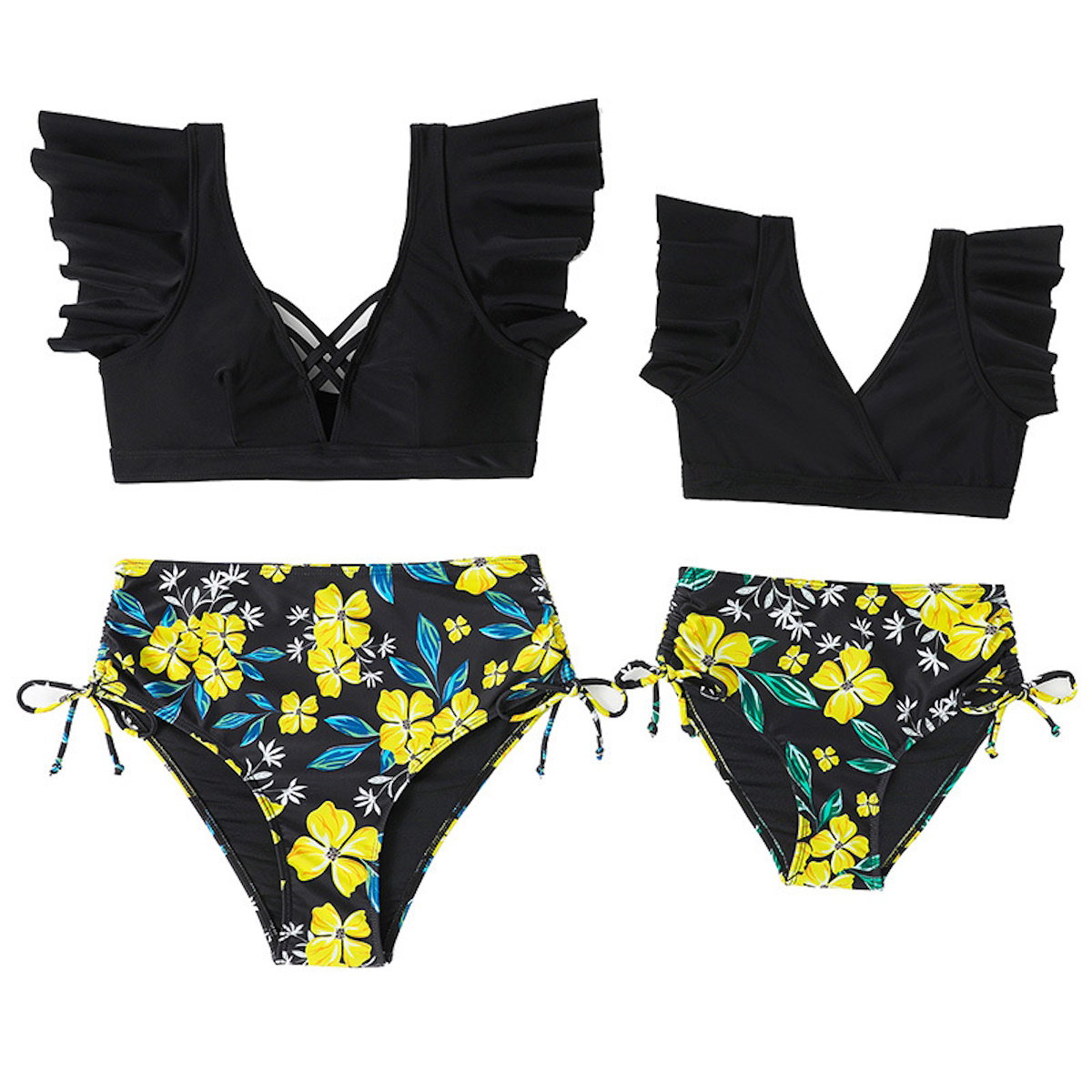 Black bikini top with ruffled sleeves and floral-patterned black and yellow bottoms Mommy and Me Matching Bikini Set - ChildAngle