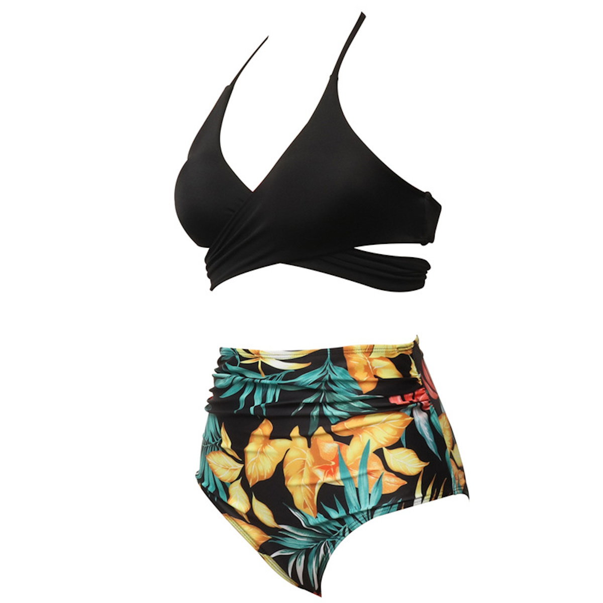 Black bikini top and floral high-waisted bottom Bikini Set Mommy and Me Matching Swimwear - ChildAngle