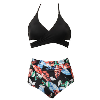 Black bikini top and floral high-waisted bottom Bikini Set Mommy and Me Matching Swimwear - ChildAngle