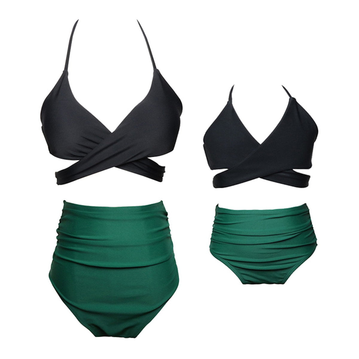 Black bikini top and green high-waisted bottom set Bikini Set Mommy and Me Matching Swimwear - ChildAngle