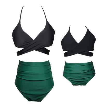 Black bikini top and green high-waisted bottom set Bikini Set Mommy and Me Matching Swimwear - ChildAngle