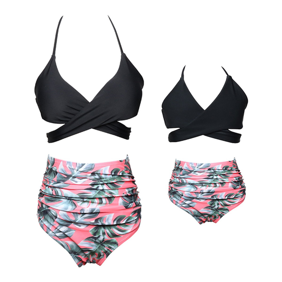Black bikini top with pink and green leaf-patterned shorts Bikini Set Mommy and Me Matching Swimwear - ChildAngle