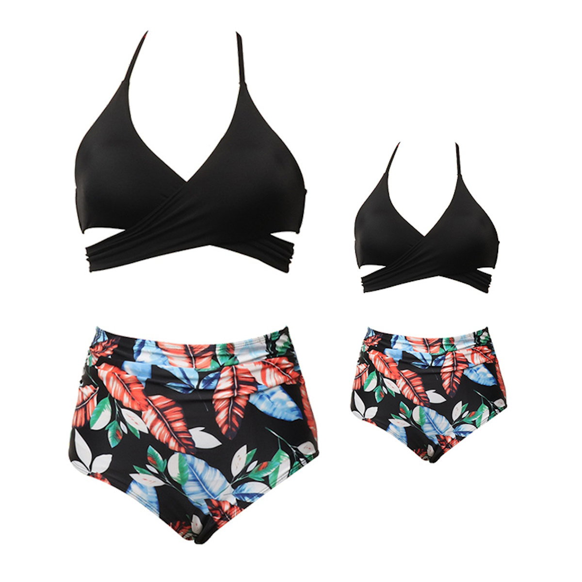 Black bikini top and floral high-waisted Bikini Set Mommy and Me Matching Swimwear - ChildAngle