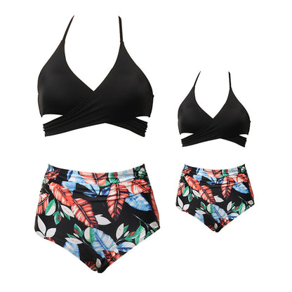 Black bikini top and floral high-waisted Bikini Set Mommy and Me Matching Swimwear - ChildAngle