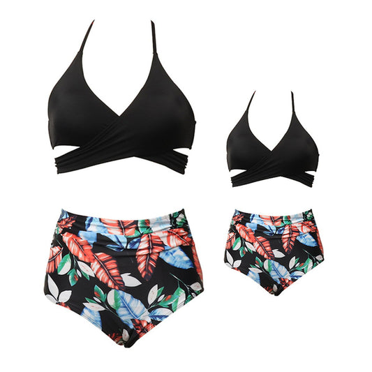 Black bikini top and floral high-waisted Bikini Set Mommy and Me Matching Swimwear - ChildAngle