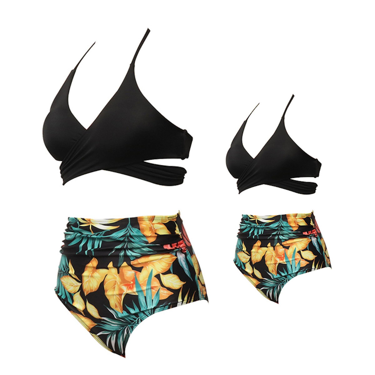Black bikini top and tropical leaf print Bikini Set Mommy and Me Matching Swimwear - ChildAngle
