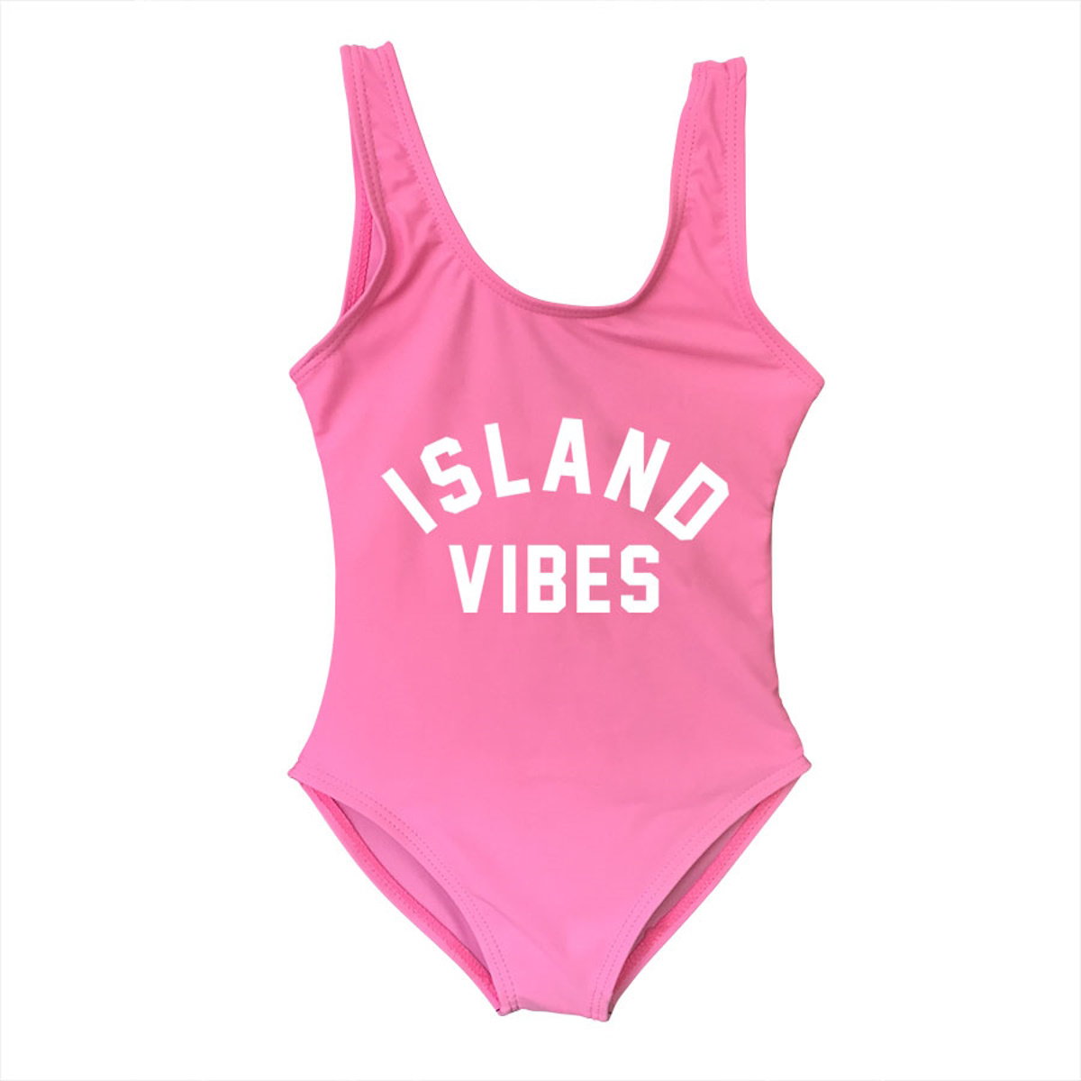 Pink swimsuit with 'ISLAND VIBES' text Mommy and Me One Piece Swimsuits - ChildAngle