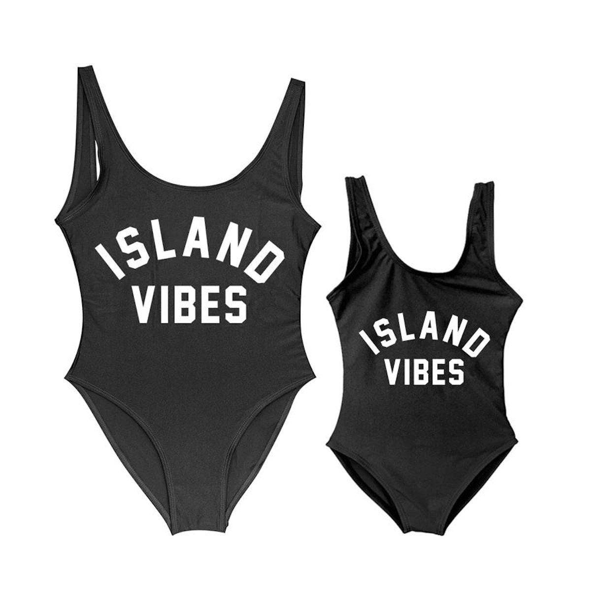 Black swimsuits with 'ISLAND VIBES' text Mommy and Me One Piece Swimsuits - ChildAngle
