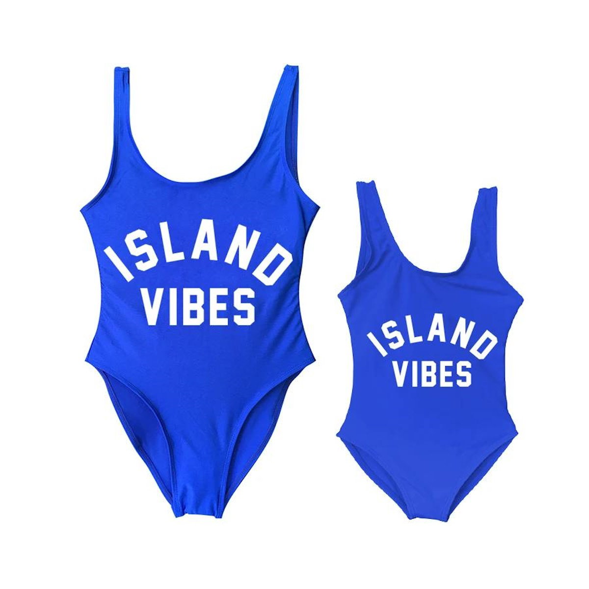 Two blue swimsuits with 'ISLAND VIBES' text Mommy and Me One Piece Swimsuits - ChildAngle