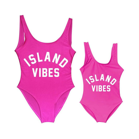 Two pink 'Island Vibes' swimsuits Mommy and Me One Piece Swimwear - ChildAngle