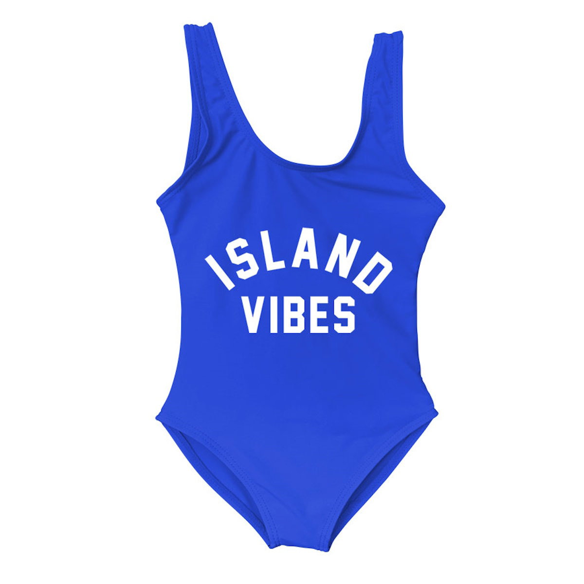 Blue swimsuit with 'ISLAND VIBES' text Mommy and Me One Piece Swimsuits - ChildAngle