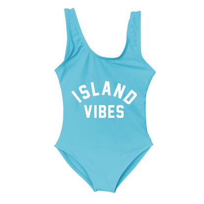 Light blue swimsuit with 'ISLAND VIBES' text Mommy and Me One Piece Swimsuits - ChildAngle