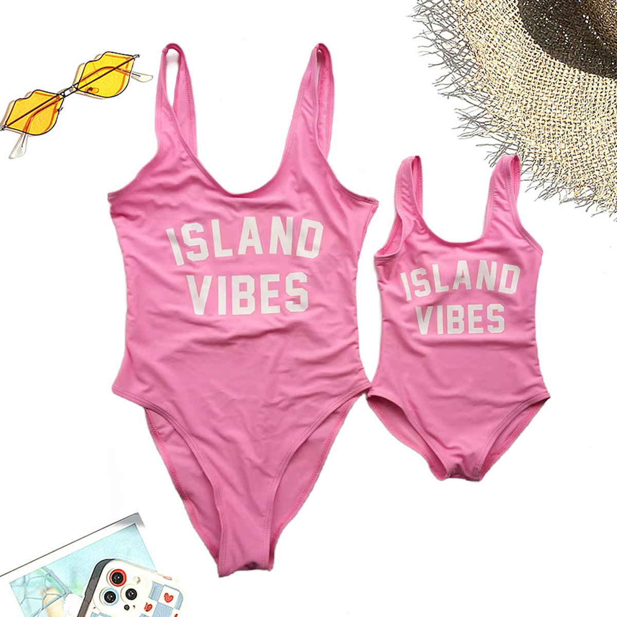Pink 'Island Vibes' swimsuits with beach accessories Mommy and Me One Piece Swimsuits - ChildAngle