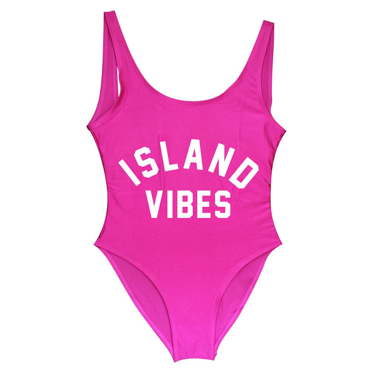 Pink swimsuit with 'ISLAND VIBES' text Mommy and Me One Piece Swimsuits - ChildAngle