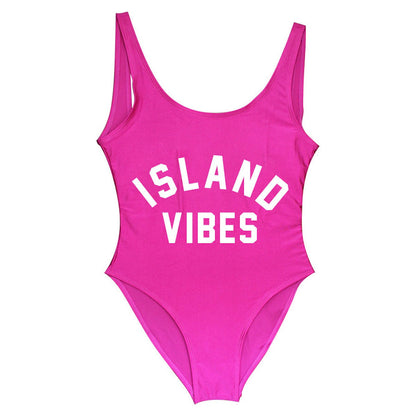 Pink swimsuit with 'ISLAND VIBES' text Mommy and Me One Piece Swimsuits - ChildAngle