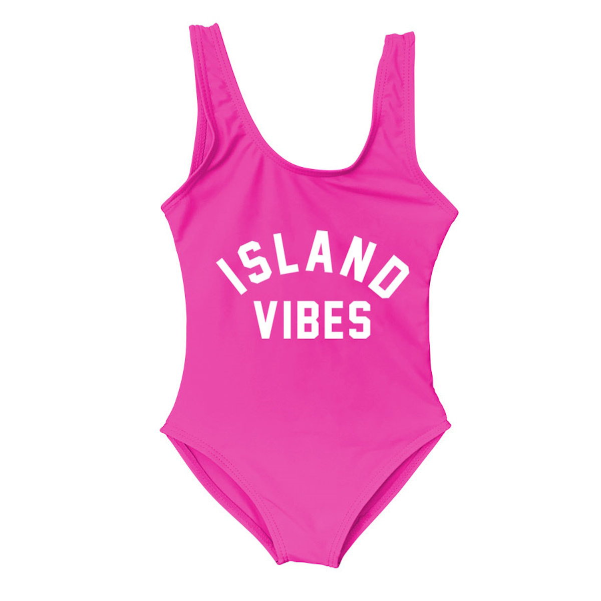 Pink swimsuit with 'ISLAND VIBES' text Mommy and Me One Piece Swimsuits - ChildAngle