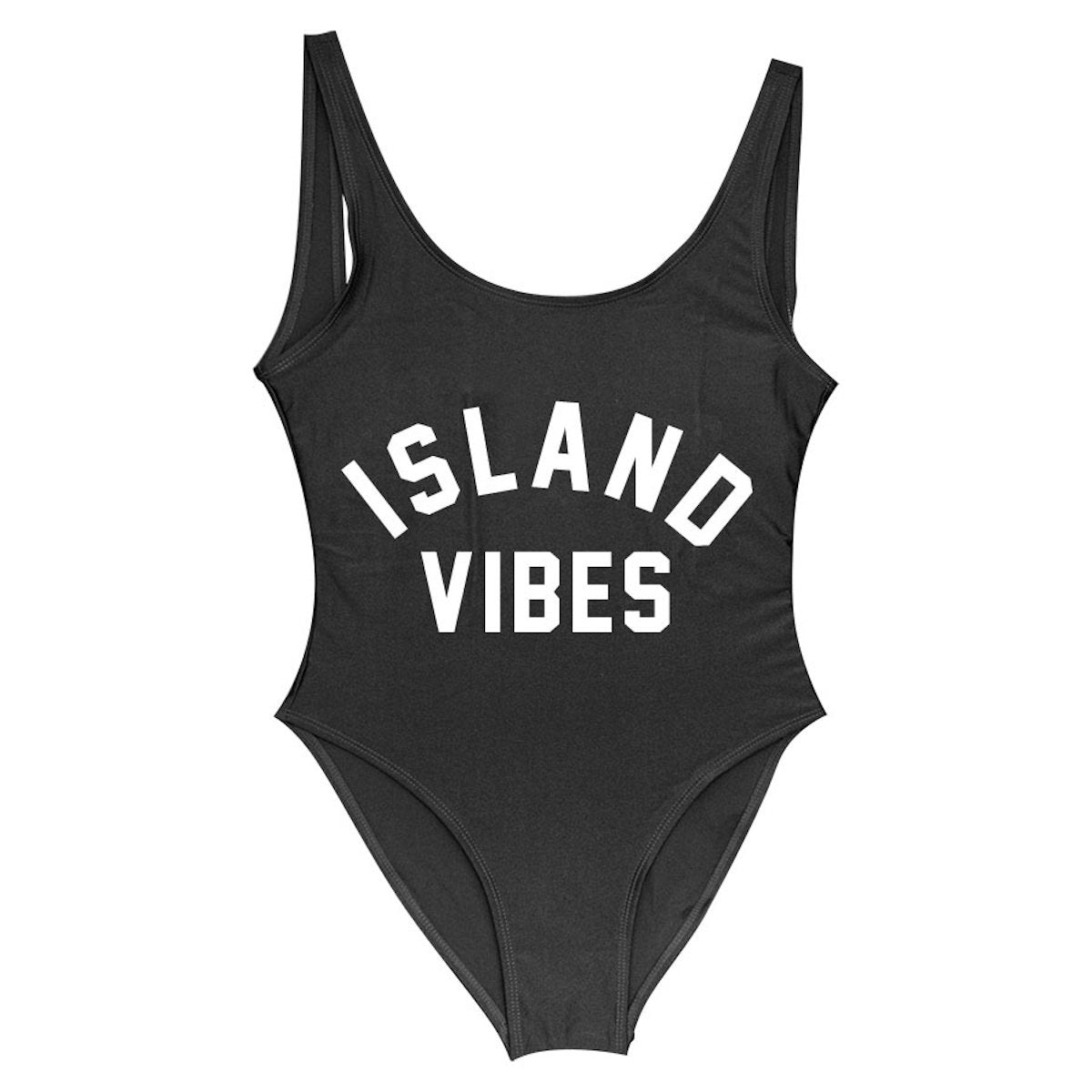 Black swimsuit with 'ISLAND VIBES' text Mommy and Me One Piece Swimsuits - ChildAngle