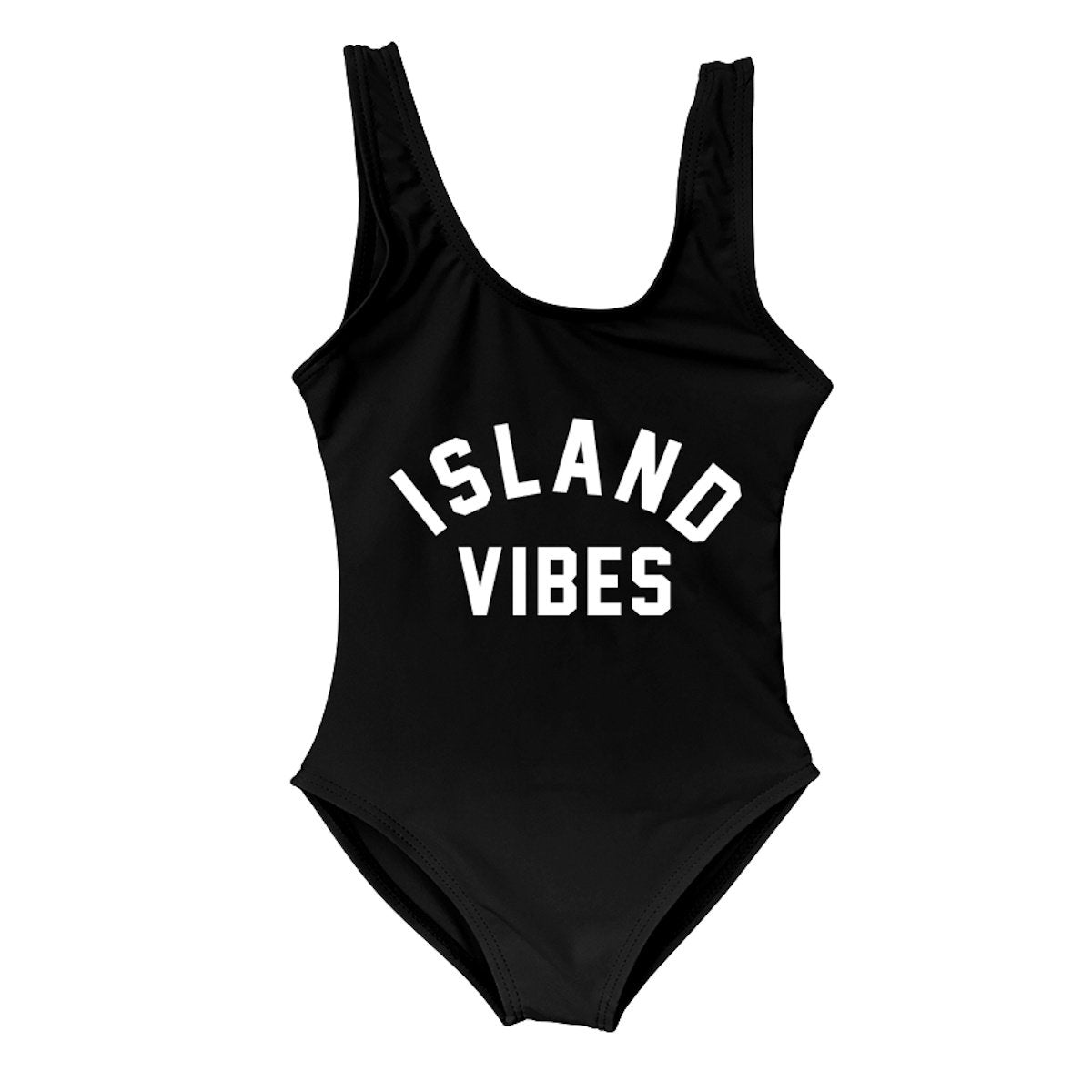 Black swimsuit with 'ISLAND VIBES' text Mommy and Me One Piece Swimsuits - ChildAngle