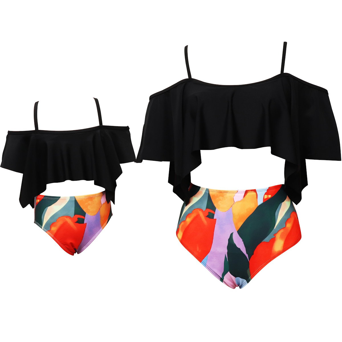 Black off-shoulder bikini top with colorful floral bottom - ChildAngle