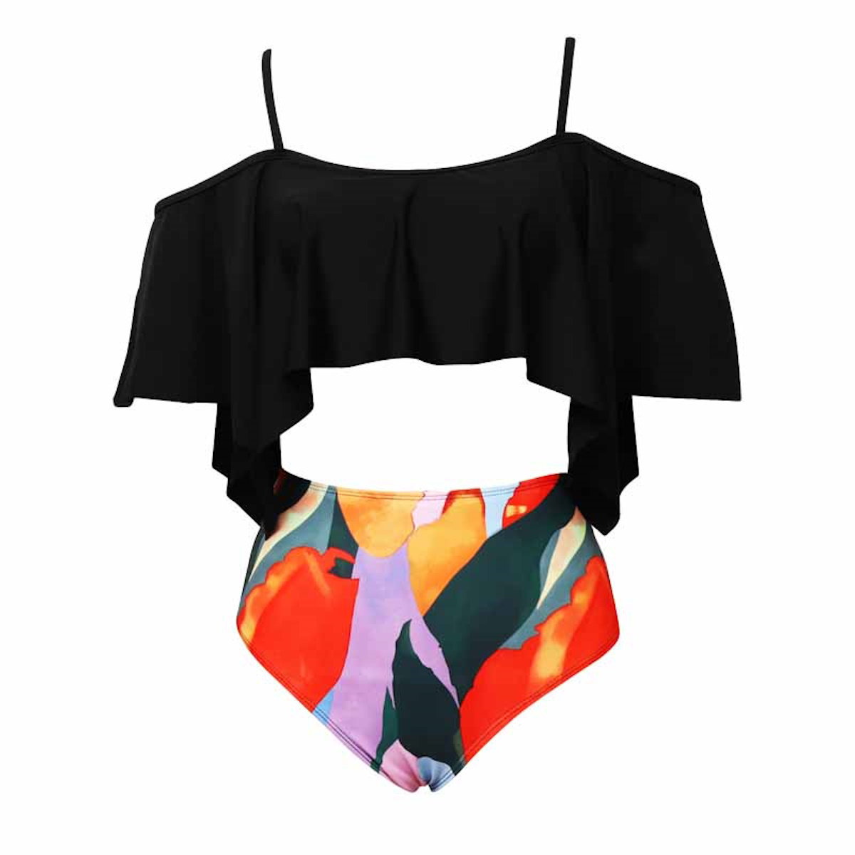 Black off-shoulder top with colorful leaf-patterned bottom - ChildAngle