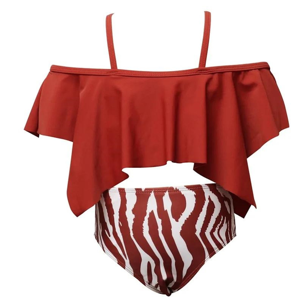 Red off-shoulder top with ruffled overlay and zebra-striped high-waisted bottom - ChildAngle