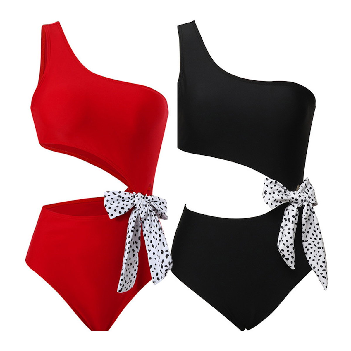 Red and black one-shoulder swimsuits with polka dot ribbons - ChildAngle