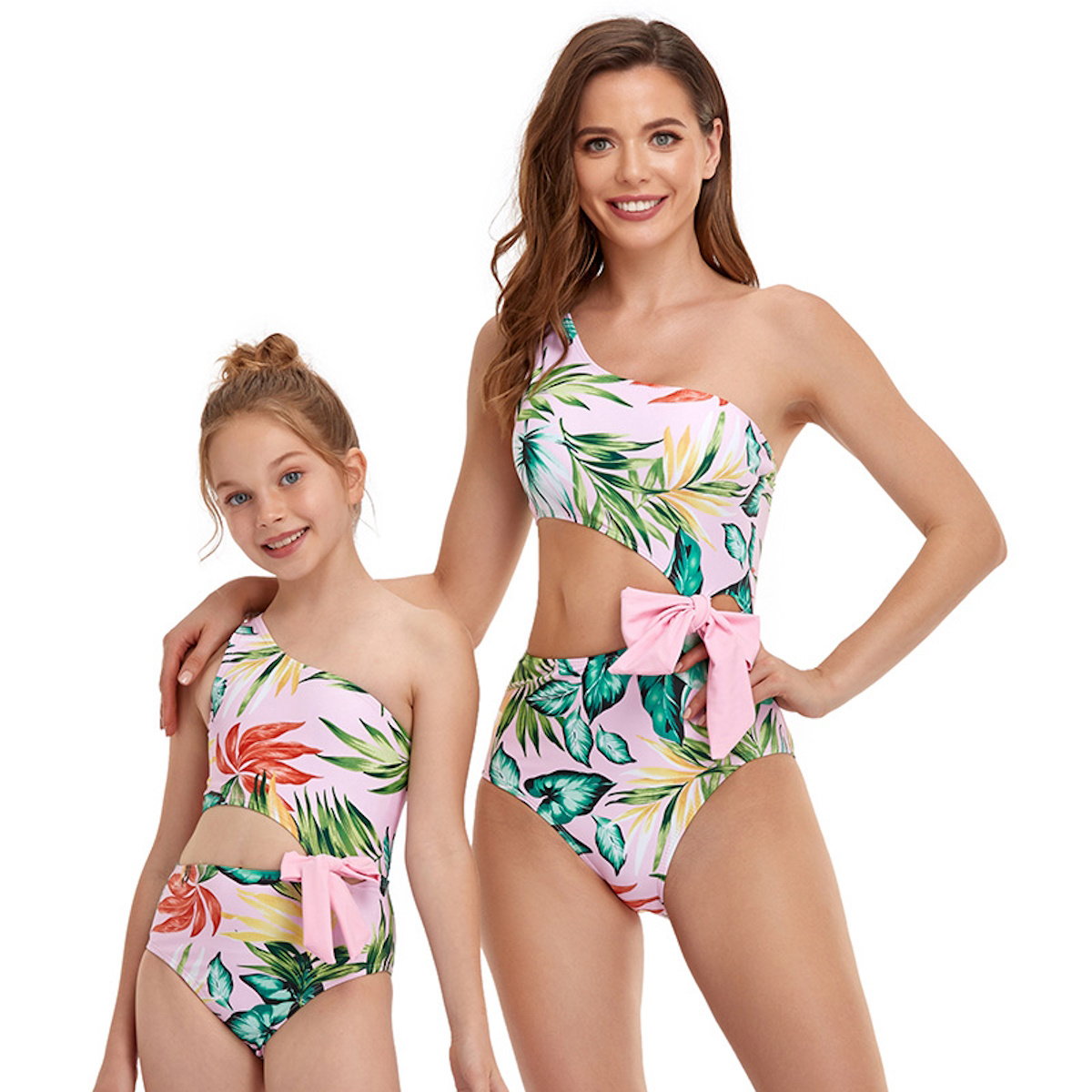 Mommy and Me matching tropical leaf print swimsuits with pink bows - ChildAngle