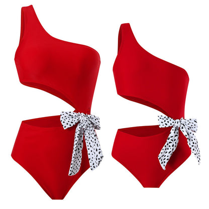 Red bikini set with polka dot ribbons - ChildAngle