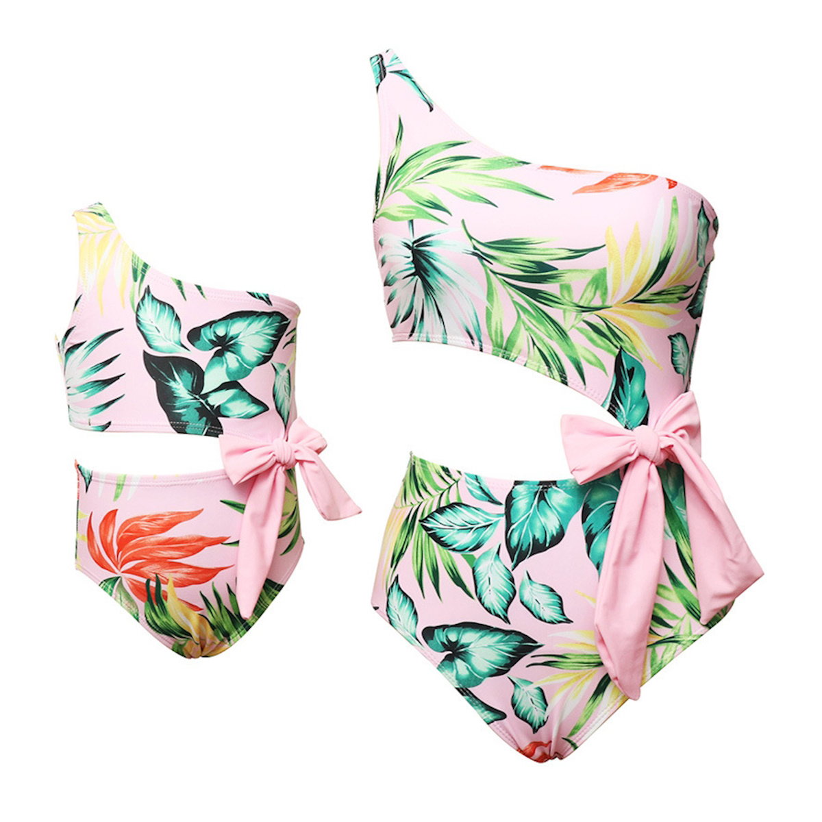 Tropical print bikini set with pink bows - ChildAngle