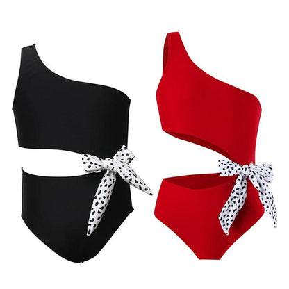 Black and red one-shoulder swimsuits with polka dot ties - ChildAngle