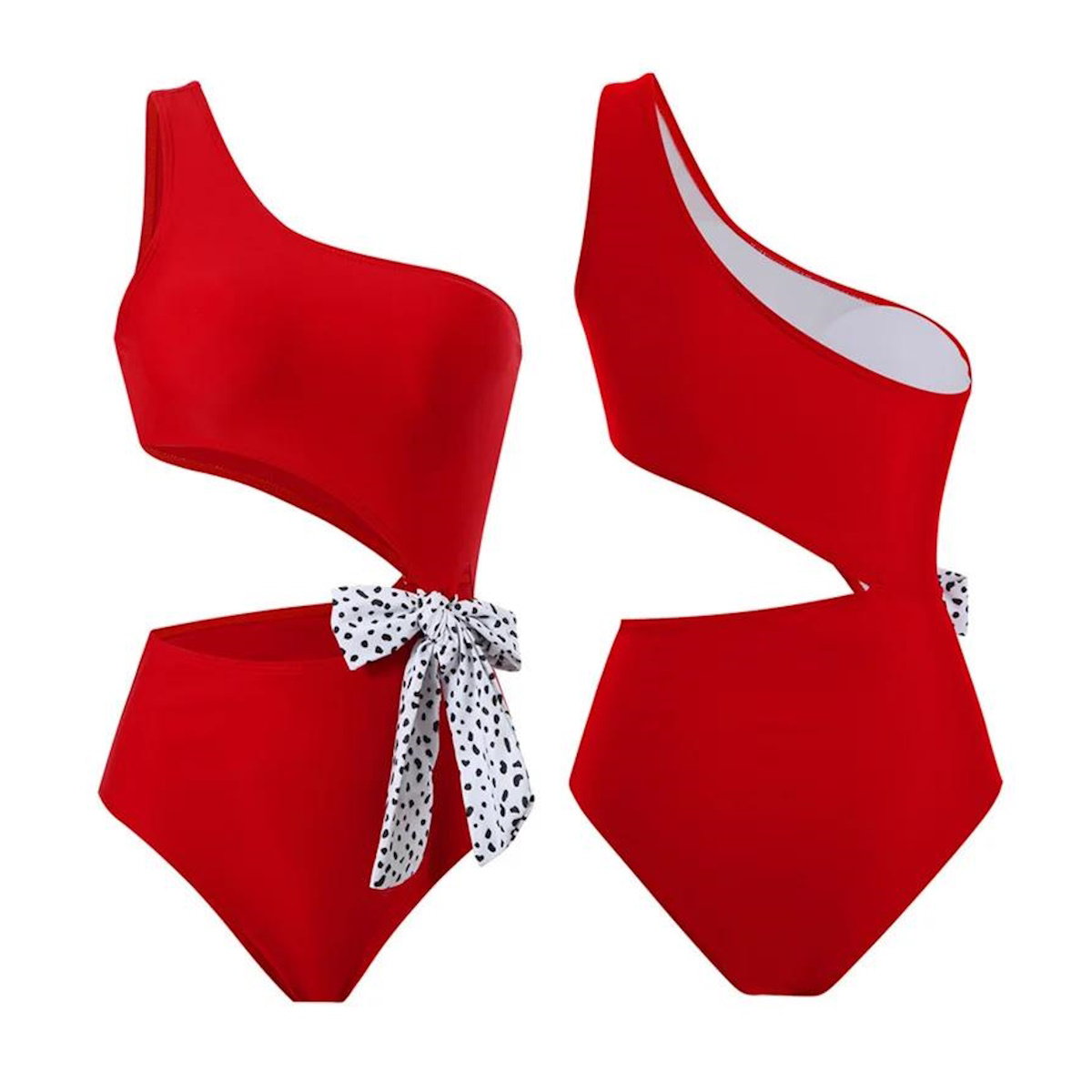 Red one-shoulder swimsuit with a white polka dot bow - ChildAngle