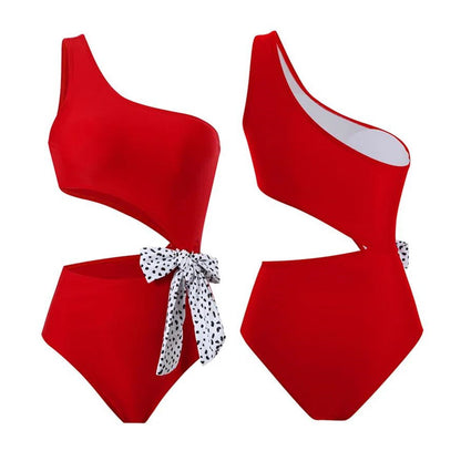 Red one-shoulder swimsuit with a white polka dot bow - ChildAngle