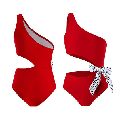 Red one-shoulder swimsuit with a polka dot ribbon - ChildAngle