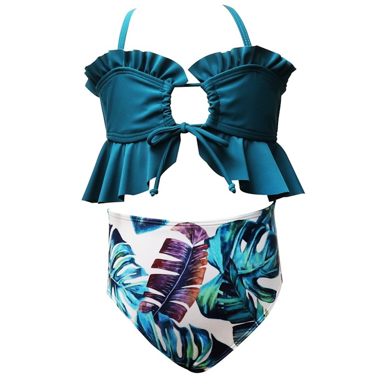 Teal bikini top with ruffled details and tropical leaf patterned bottom - ChildAngle