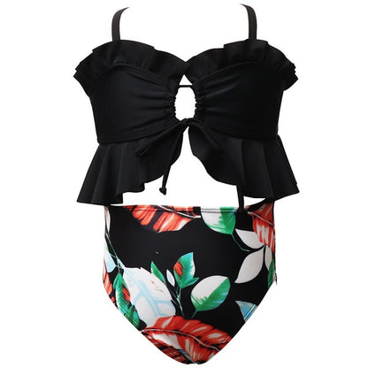 Black bikini top with ruffles and floral-patterned bottom - ChildAngle