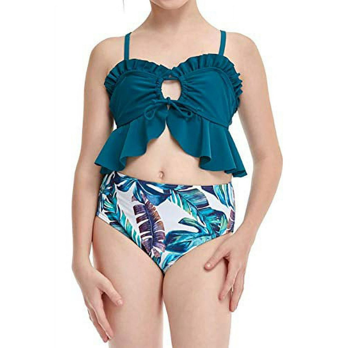 Two-piece swimsuit with ruffled top and leaf-patterned bottom - ChildAngle