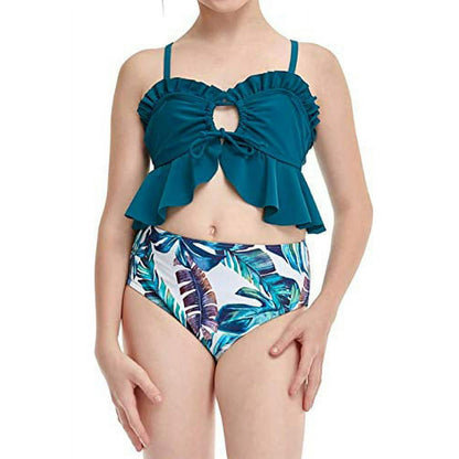 Two-piece swimsuit with ruffled top and leaf-patterned bottom - ChildAngle
