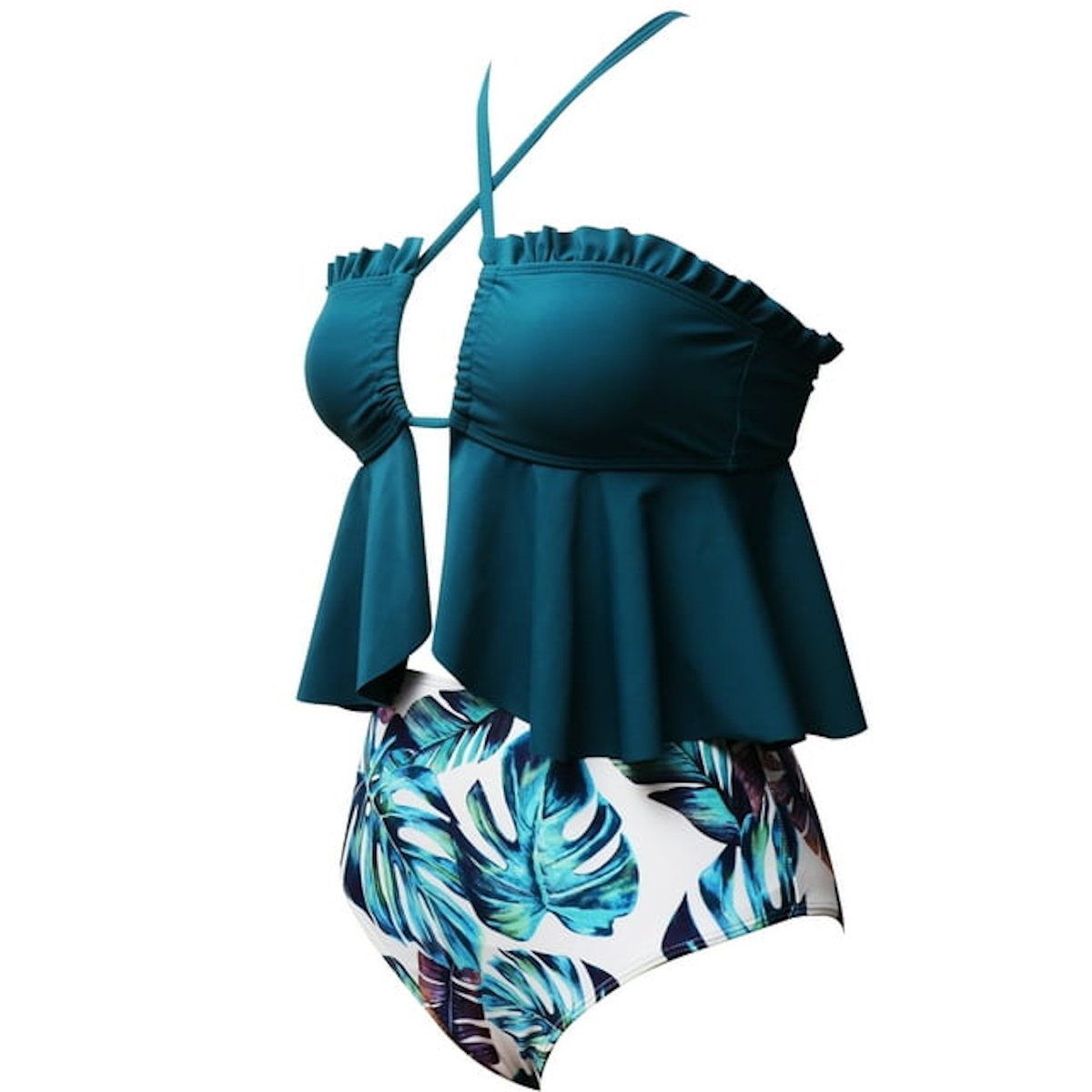 Teal swimsuit with ruffled top and leaf-patterned bottom - ChildAngle