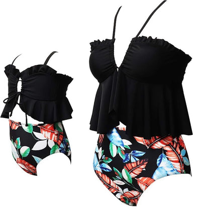 Black ruffled top with colorful leaf patterned bottom - ChildAngle