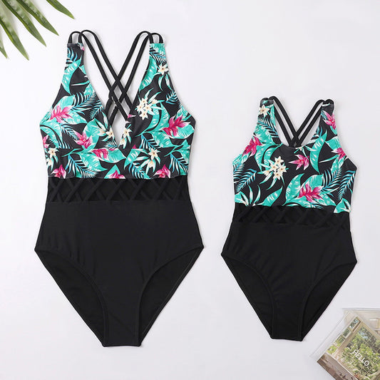 Black and floral swimsuit Palm Leaves Flower One Piece Swimsuits - ChildAngle