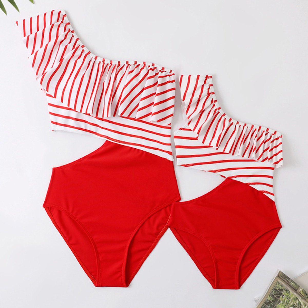 Red and white striped swimsuit Mommy and Me Matching Swimsuits Red Striped Swimsuits  - ChildAngle
