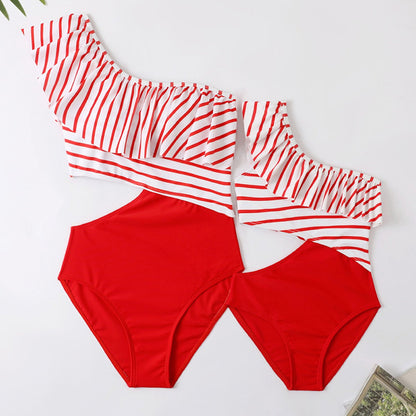 Red and white striped swimsuit Mommy and Me Matching Swimsuits Red Striped Swimsuits  - ChildAngle