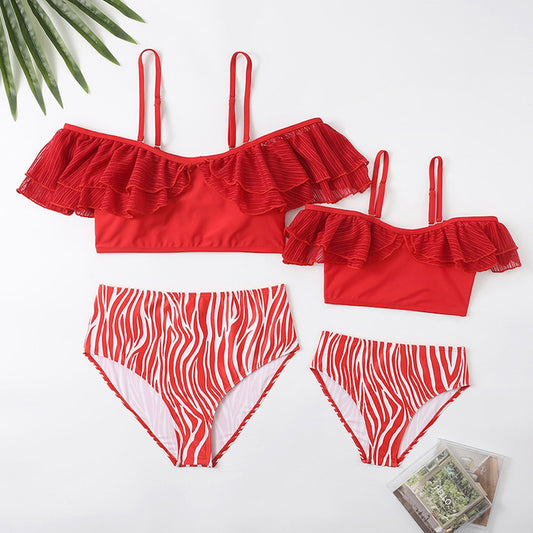 Red bikini set with ruffled top and zebra print bottom Mommy and Me Matching Swimsuits Red Striped Swimsuits - ChildAngle