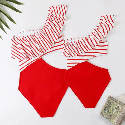 Red and white striped swimsuit Mommy and Me Matching Swimsuits Red Striped Swimsuits - ChildAngle